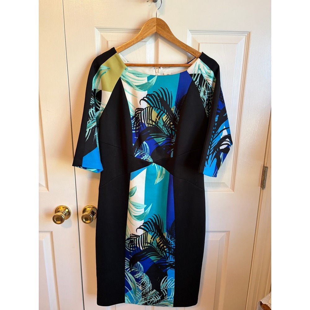 Maggy London Tropical Palm Print Sheath Dress Blue Black Elbow Sleeve AWHPE33